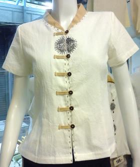 120W Size 2XL ชุดสปาไทย สปายูนิฟอร์ม เสื้อสปา ผ้าไทย ฝ้าย 100% สีขาวนวล Spa Uniform 100% cotton