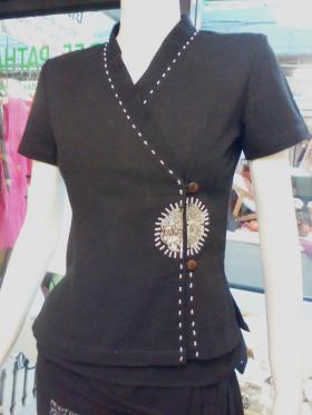 122B-BL Size L ชุดสปาไทย สปายูนิฟอร์ม เสื้อสปา ผ้าไทย ฝ้าย 100% สีดำ Spa Uniform 100% cotton