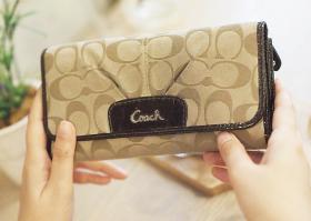 ขายกระเป๋าสตางค์ COACH มือสอง รุ่น ASHLEY SIGNATURE SATIN CHECK BOOK WALLET - F46198