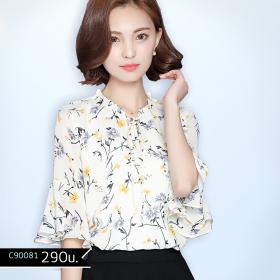 เสื้อชีฟอง ลายดอกไม้ คอระบาย แขน3ส่วน มีซับใน