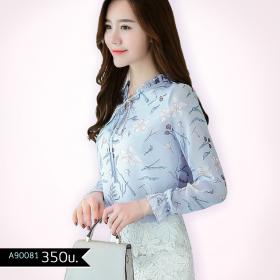 ชีฟองแขนยาว ลายดอกไม้ คอ แต่งละบาย มีสายผูก