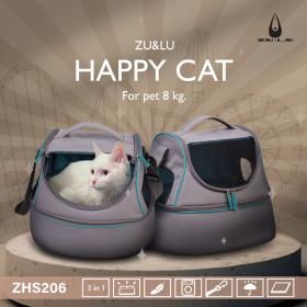 ZU&LU กระเป๋าใส่สุนัข กระเป๋าใส่แมว จุ6กก +คาร์ซีท+ที่นอนรุ่น happy 3in1  ผ้าแคนวาสสำหรับสุนัข แมว สีเทา คาร์ซีท