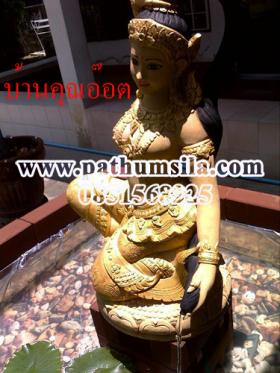 พระแม่ธรณีบีบมวยผม 35*85 cm สีทอง Thokkathan Mother Earth Squeezing Her Hair Sandstone Sculpture