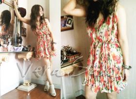 Dress อัดพลีทลายดอกส้ม