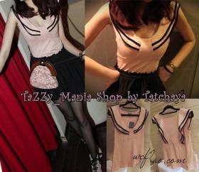 (KF230-05067) เสื้อสีชมพูแขนกุดคอกุ๊นสีด​ำปลายปกเสื้อ