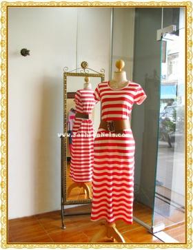 Red Wide Stripe Maxi DR1286 แม๊กซี่เดรสสีแดงลายขวาง