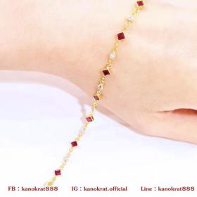 สร้อยข้อมือพลอยทับทิม พลอยแท้สลับเพชรสวิส ทั้งเส้น ตัวเรือนทองคำแท้ 90% ข้อมือสไตล์มินิมอลน่ารัก มีใบรับประกันจากทางร้าน