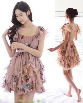 *พร้อมส่ง* ชุดเดรสออกงาน สี Beige ลายดอกไม้น่ารัก (dressuphouse รหัส 251)