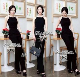 *พร้อมส่ง* เสื้อผ้าแฟชั่น Lady Ribbon จั้มสูทกางเกงสีดำ แต่งมุก (dressuphouse รหัส LR908)