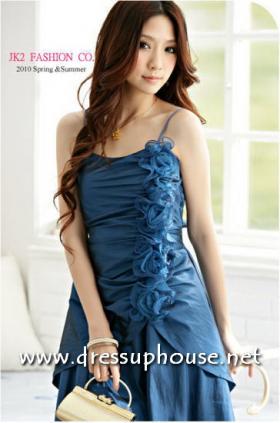 * พร้อมส่ง* ชุดเดรสออกงาน สายเดี่ยว ผ้าไหมสีน้ำเงิน  แต่งจีบด้านหน้าด้านหลัง ระบายที่กระโปรง (dressuphouse รหัส 409)