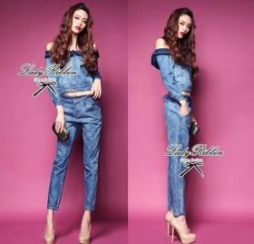 *พร้อมส่ง* เสื้อผ้าแฟชั่น Lady Ribbon เซ็ตเสื้อยีนส์เปิดไหล่-กางเกงขายาว (dressuphouse รหัส LR918)