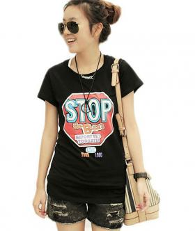 *พร้อมส่ง* เสื้อยืดคุณภาพดี สีดำ  แต่งลาย Stop (dressuphouse รหัส 368)