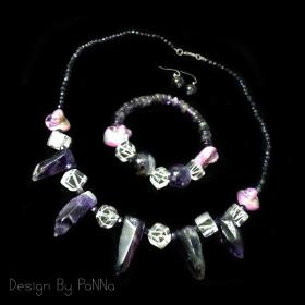 S3017 set เครื่องประดับ สร้อยคอข้อมือหินอเมทีสต์-หินเคลียร์ ควอตซ์ แถมต่างหูหินอเมทีสต์ 1 คู่