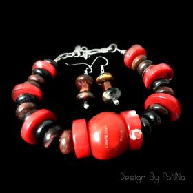 B003 สร้อยข้อมือปะการัง&หินเรดอาเกต ตะขอเงินแท้ (แถมต่างหูเข้าชุด)