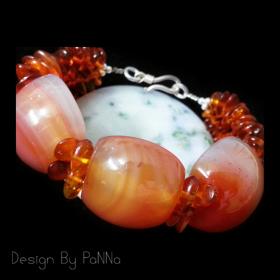 B006 สร้อยข้อมือหินคาร์เนเลี่ยน&อำพัน ตะขอเงินแท้ (แถมต่างหูเข้าชุด)