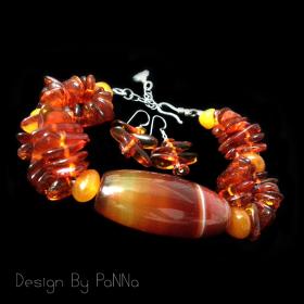 B009 สร้อยข้อมือหินคาร์เนเลี่ยน&อำพัน ตะขอเงินแท้ (แถมต่างหูเข้าชุด)