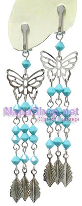 CS-128-turquoise ต่างหูหนีบ ห้อยผีเสิ้อกับคริสตัลระย้า (สีเทอร์ควอยซ์)