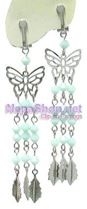 CS-128-mint ต่างหูหนีบ ห้อยผีเสิ้อกับคริสตัลระย้า (สีเขียวขุ่น)