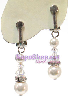 CS-125-pearl ต่างหูหนีบ ห้อยคริสตัลกับมุกแก้วสวาฯ (สีขาวมุก)