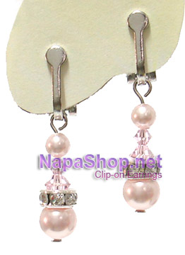 CS-125-pink ต่างหูหนีบ ห้อยคริสตัลกับมุกแก้วสวาฯ (สีชมพู)