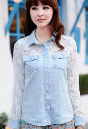 เสื้อเชิ้ตแฟชั่นแขนยาว กระดุมหน้า ผ้ายีนส์  แต่งลูกไม้ช่วงไหล่ แขนและหลัง
