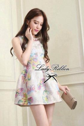 Lady Ribbon ชุดเดรสแขนกุดทอลายผีเสื้อสีอมชมพู พร้อมสร้อยมุก (LR929)
