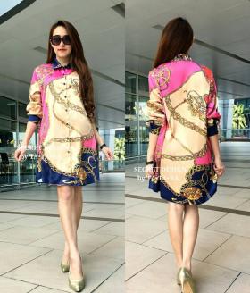 h0089 เสื้อเชิ๊ตสไตล์เดรส ลายสวยหรู สไตล์ Hermes พิมพ์ลายคมชัด ลงบนผ้า Satin Silk ผ้านุ่ม เงา • อก44 เอว46 สะโพก48 ยาว35 • วงแขนบน20 แขนยาว24