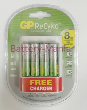 ถ่านชาร์จ GP recyko AA 2000 mAh แพ็ค 4 ก้อน คลายประจุช้า แถมฟรีเครื่องชาร์จ USB U411