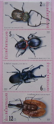 แสตมป์ ชุด แมลง ปีพ.ศ.2544 ด้วงกว่างดาว ,ด้วงดินขอบทองแดง,ด้วงคีมยีราฟ,ด้วงดินปีกแผ่น