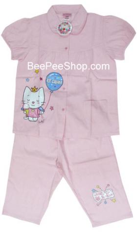 ชุดนอนแมวแองเจิ้ล ขาสามส่วน แขนตุ๊กตา คอบัว ผ้าชิโนริ สีชมพู ไซส์F