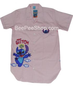 ชุดนอนแซก แขนสั้น คอปก ลายสติทช์(Stitch) ผ้าชิโนริ สีชมพู ไซส์XL
