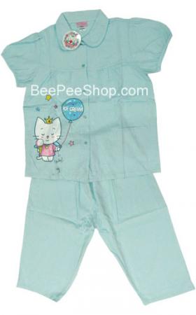 ชุดนอนแมวแองเจิ้ล ขาสามส่วน แขนตุ๊กตา คอบัว ผ้าชิโนริ สีฟ้าอมเขียว ไซส์F