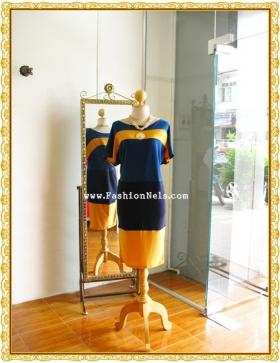Contrast Stripe Turquoise Dress DR1281 เดรสผ้าต่อสีเทอร์คอย