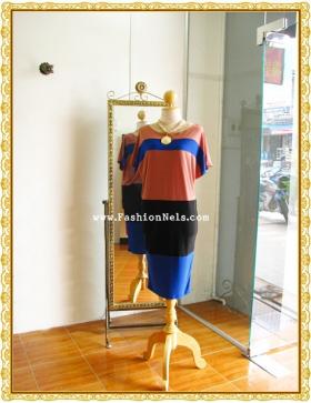 Contrast Stripe Beige Dress DR1279 เดรสผ้าต่อสีโอวัลติน
