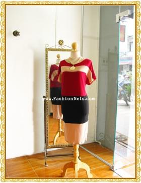 Contrast Stripe Red Dress DR1280 เดรสผ้าต่อสีแดง