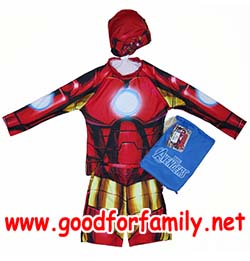 ชุดว่ายน้ำเด็ก แขนยาว-ขาสั้น Avenger Iron Man สีแดง อเวนเจอร์ ไอรอน แมน เสื้อว่ายน้ำ กางเกงว่ายน้ำ หมวกว่ายน้ำ รหัส swmave005