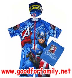 ชุดว่ายน้ำเด็ก Body Suit แขนสั้น Avenger Captain America สีน้ำเงิน บอดี้สูท อเวนเจอร์ กัปตันอเมริกา หมวกว่ายน้ำ เสื้อผ้าเด็ก รหัส swmave007