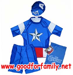 ชุดว่ายน้ำเด็ก แขนสั้น-ขาสั้น Avenger Captain America สีน้ำเงิน อเวนเจอร์ กัปตันอเมริกา กางเกงว่ายน้ำ หมวกว่ายน้ำ รหัส swmave009