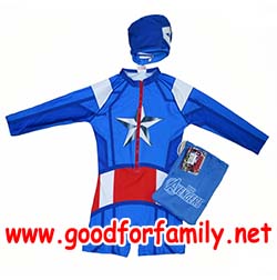 ชุดว่ายน้ำเด็ก Body Suit แขนยาว Avenger Captain American สีน้ำเงิน บอดี้สูท อเวนเจอร์ กัปตันอเมริกา หมวกว่ายน้ำ เสื้อผ้าเด็ก รหัส swmave006