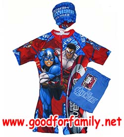 ชุดว่ายน้ำเด็ก Body Suit แขนสั้น Avenger Captain America สีน้ำเงิน บอดี้สูท อเวนเจอร์ กัปตัน หมวกว่ายน้ำ เสื้อผ้าเด็ก รหัส swmave012