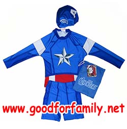 ชุดว่ายน้ำเด็ก แขนยาว-ขาสั้น Avenger Captain American สีน้ำเงิน อเวนเจอร์ กัปตันอเมริกา เสื้อว่ายน้ำ กางเกงว่ายน้ำ หมวกว่ายน้ำ รหัส swmave003