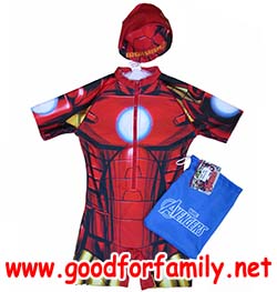 ชุดว่ายน้ำเด็ก Body Suit แขนสั้น Avenger Iron Man สีแดง บอดี้สูท อเวนเจอร์ ไอรอนแมน หมวกว่ายน้ำ เสื้อผ้าเด็ก รหัส swmave004