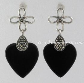 ต่างหูเงินแท้ 925 หัวใจหินนิล มาร์คาไซท์ (Marcasite)