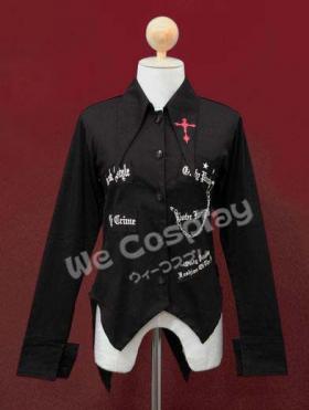 เสื้อเชิ้ตพั้งค์ (Punk Shirt) สีดำ ชายเสื้อมีหางแหลม ประดับด้วยเข็มกลัดและสายโซ่