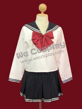 ชุดนักเรียนญี่ปุ่น แขนยาว สีขาว (Long-Sleeved Japanese School Uniform) ปกกะลาสีสีกรมท่า โบว์สีแดง เหมาะสำหรับคอสเพลย์ (Cosplay)