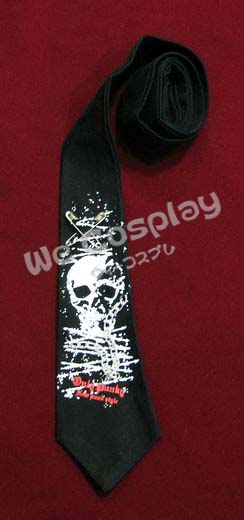 เนคไทแนวพั้งค์ (Punk Necktie) สกรีนลายหัวกะโหลกสีขาว ประดับด้วยเข็มกลัดและสายโซ่