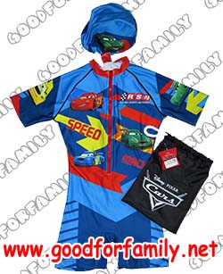 ชุดว่ายน้ำเด็ก Wetsuit แขนสั้น ซิปหน้า Cars Lightning Mcqueen สีน้ำเงิน หมวกว่ายน้ำ เว็ทสูทเด็ก บอดี้สูทเด็ก คาร์ส รหัส swmcar006