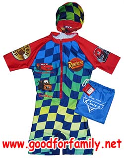 ชุดว่ายน้ำเด็ก Wetsuit แขนสั้น ซิปหน้า Cars Lightning Mcqueen สีแดง หมวกว่ายน้ำ เว็ทสูทเด็ก บอดี้สูทเด็ก คาร์ส รหัส swmcar011