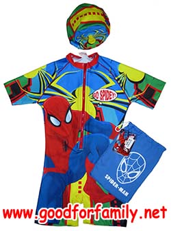 ชุดว่ายน้ำเด็ก Wetsuit แขนสั้น Spiderman สีฟ้า หมวกว่ายน้ำ เว็ทสูทเด็ก บอดี้สูทเด็ก เสื้อผ้าเด็ก สไปเดอร์แมน รหัส swmspi013