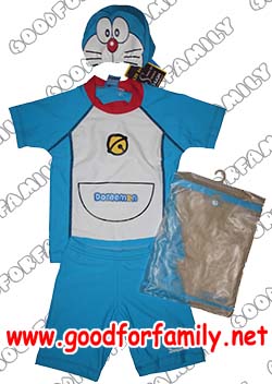 ชุดว่ายน้ำเด็ก เสื้อ-กางเกง-หมวก Sun Protection Doraemon กันรังสียูวี สีฟ้า-ขาว เสื้อผ้าเด็ก โดราเอมอน รหัส swmdor001